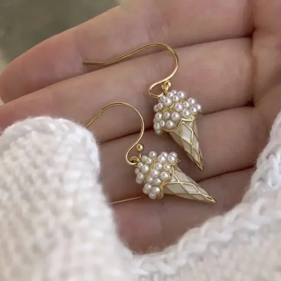 14k Gold Plated 925 Sterling Silver Faux Pearl Ice Cream Cone Drop Earrings - Picture 2 of 3